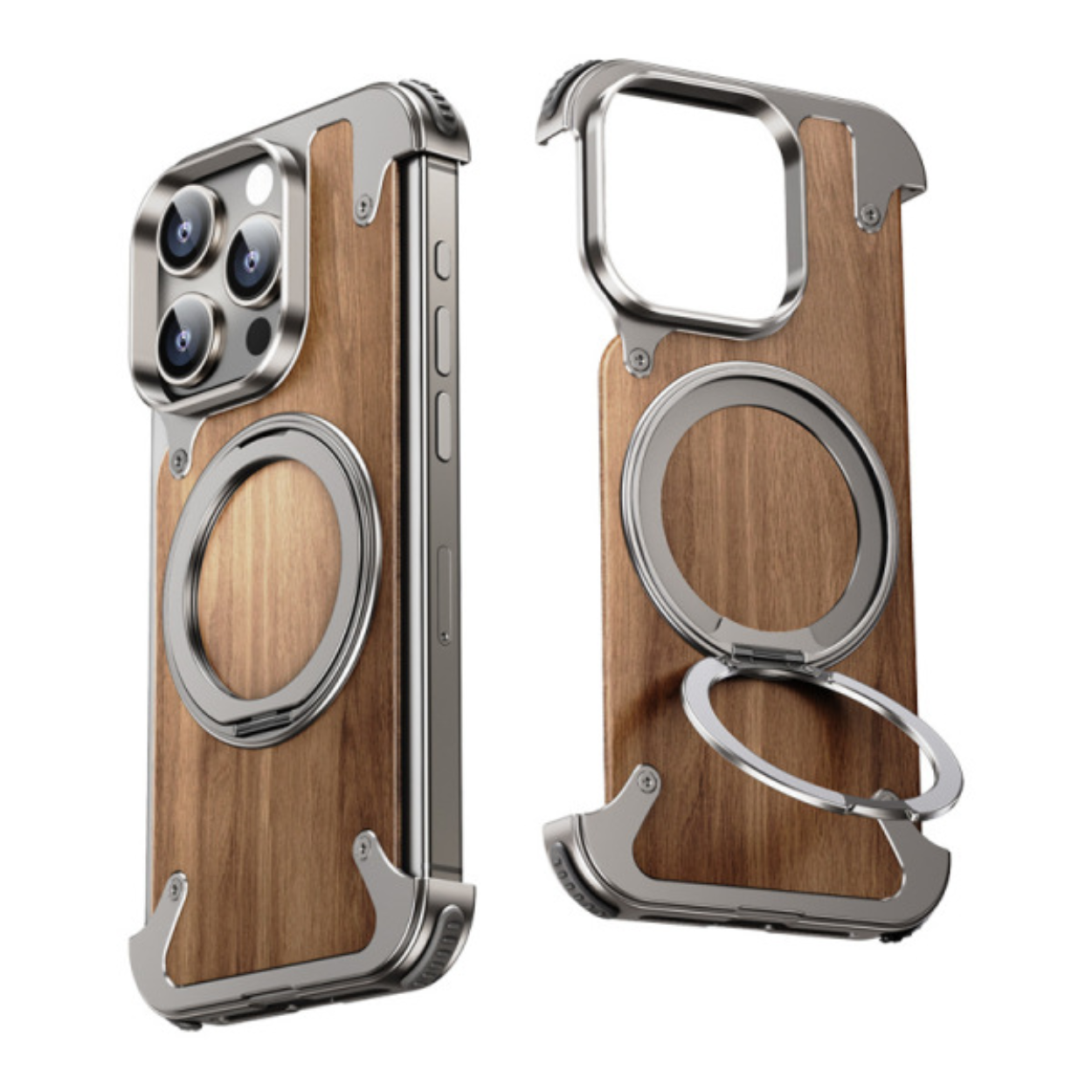 Funda para teléfono de madera natural con soporte giratorio