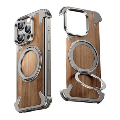 Funda para teléfono de madera natural con soporte giratorio